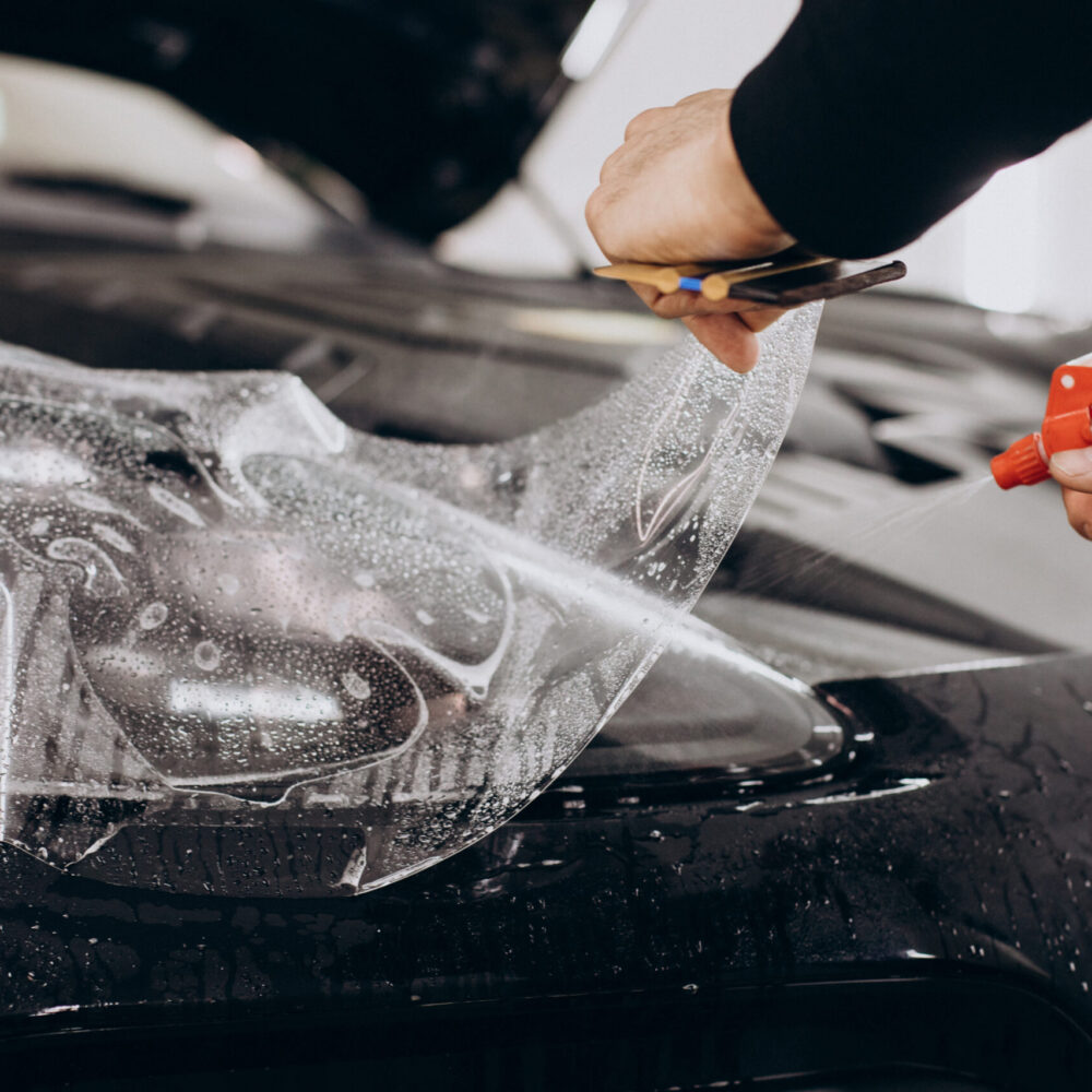 Male worker wrapping car with ptotective foil